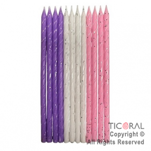 VELA 12 CM ESPIRAL COMBINADA CON PORTAVELA ROSA BLANCO LILA BRILLO x 12